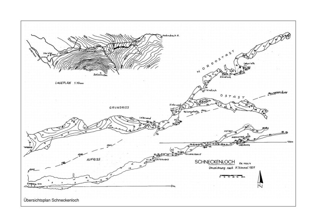 Höhlenplan der Schneckenlochhöhle. Nur zur groben Orientierung. Tatsächlich ist sehr viel verschachtelter.